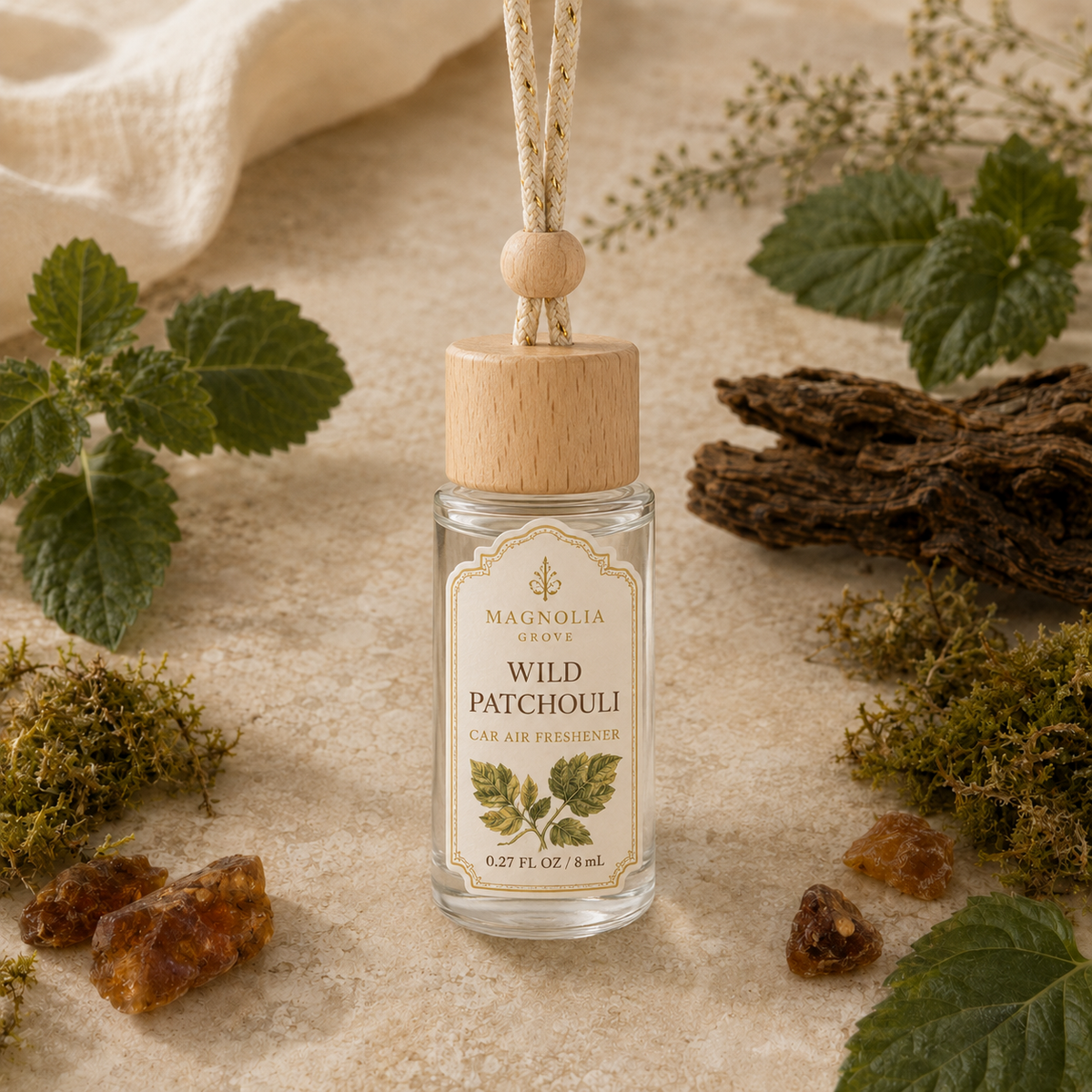 Wild Patchouli Car Air Freshener — 8 mL glass bottle with wood cap