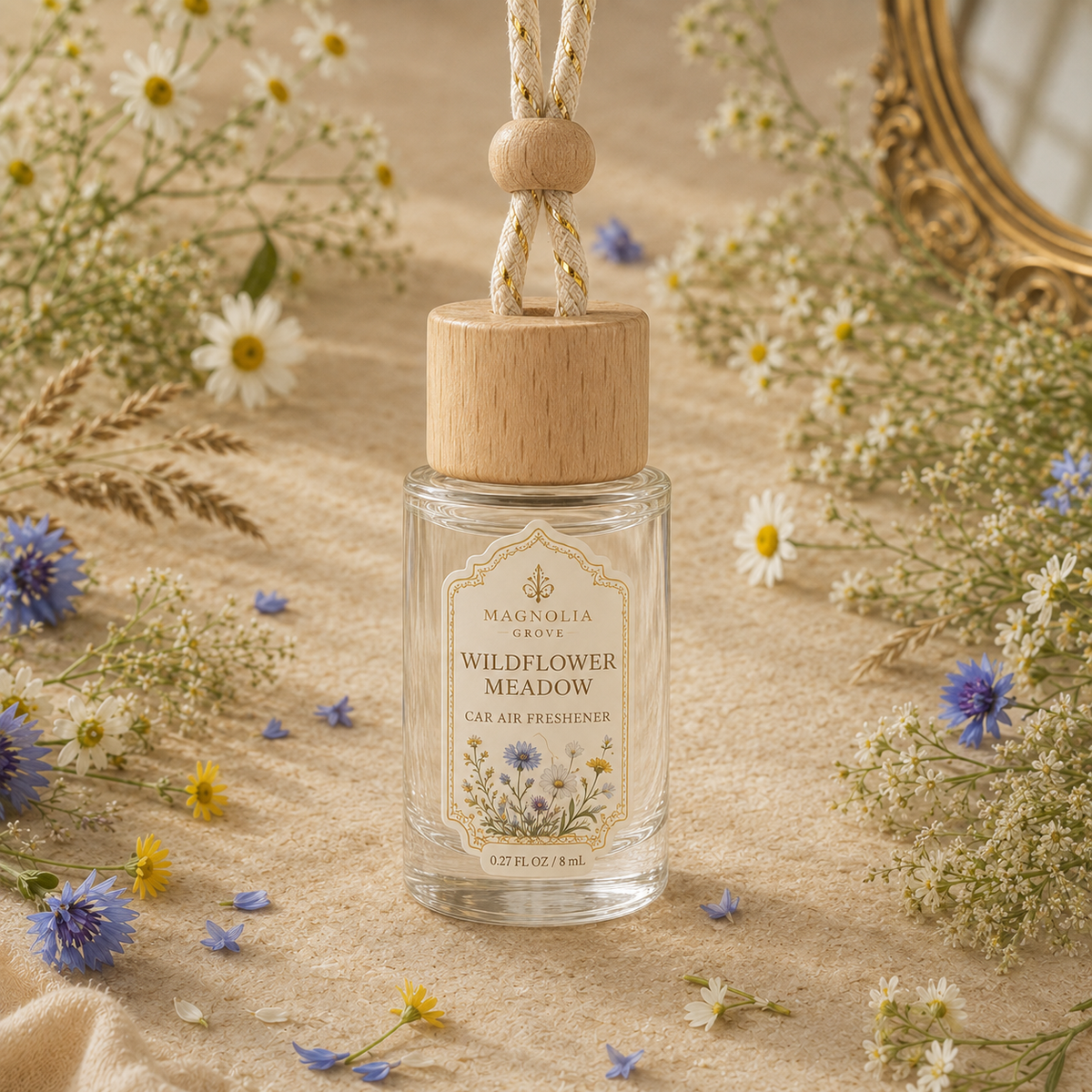 Wildflower Meadow Car Air Freshener — 8 mL glass bottle with wood cap