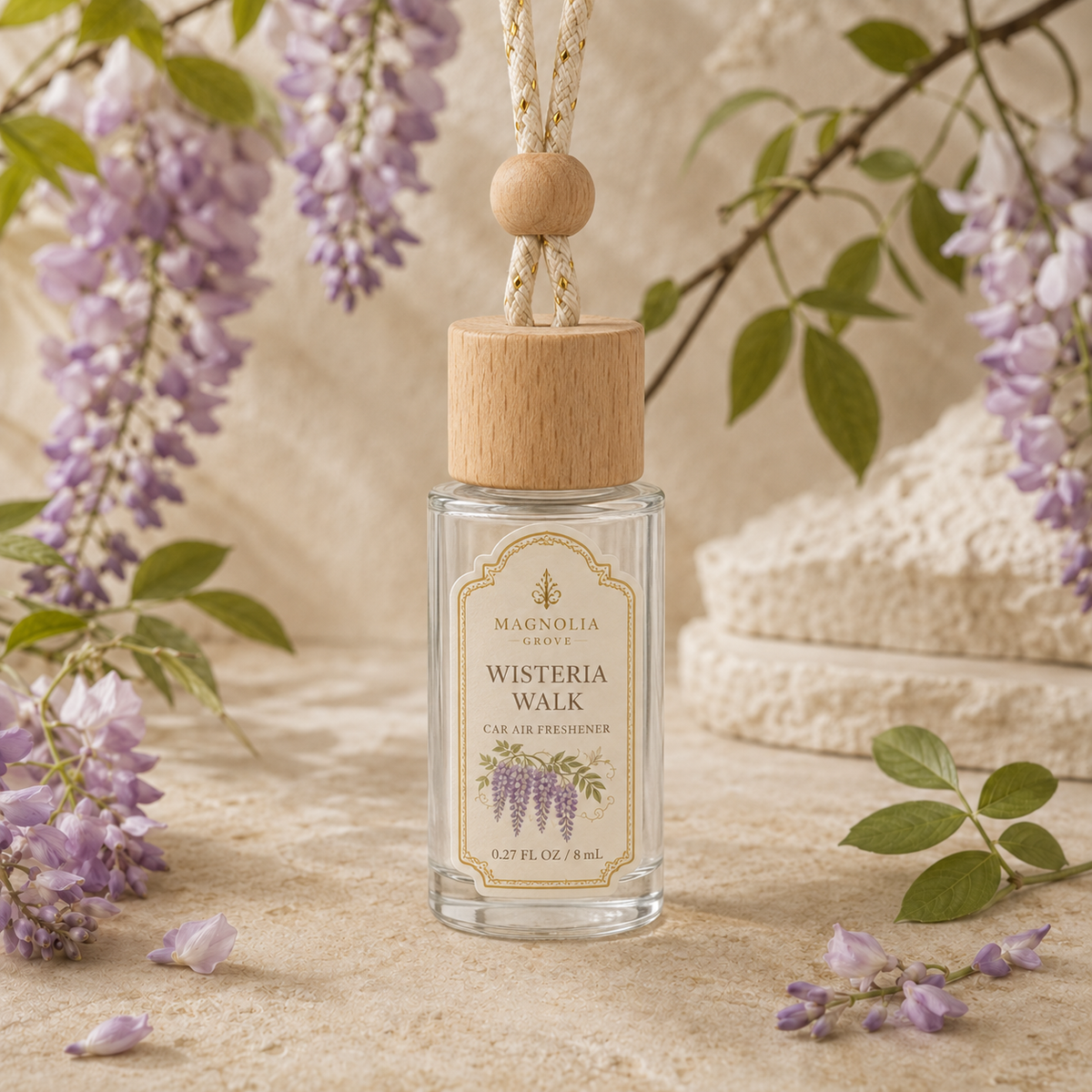 Wisteria Walk Car Air Freshener — 8 mL glass bottle with wood cap