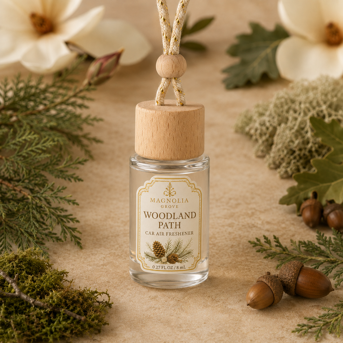 Woodland Path Car Air Freshener — 8 mL glass bottle with wood cap